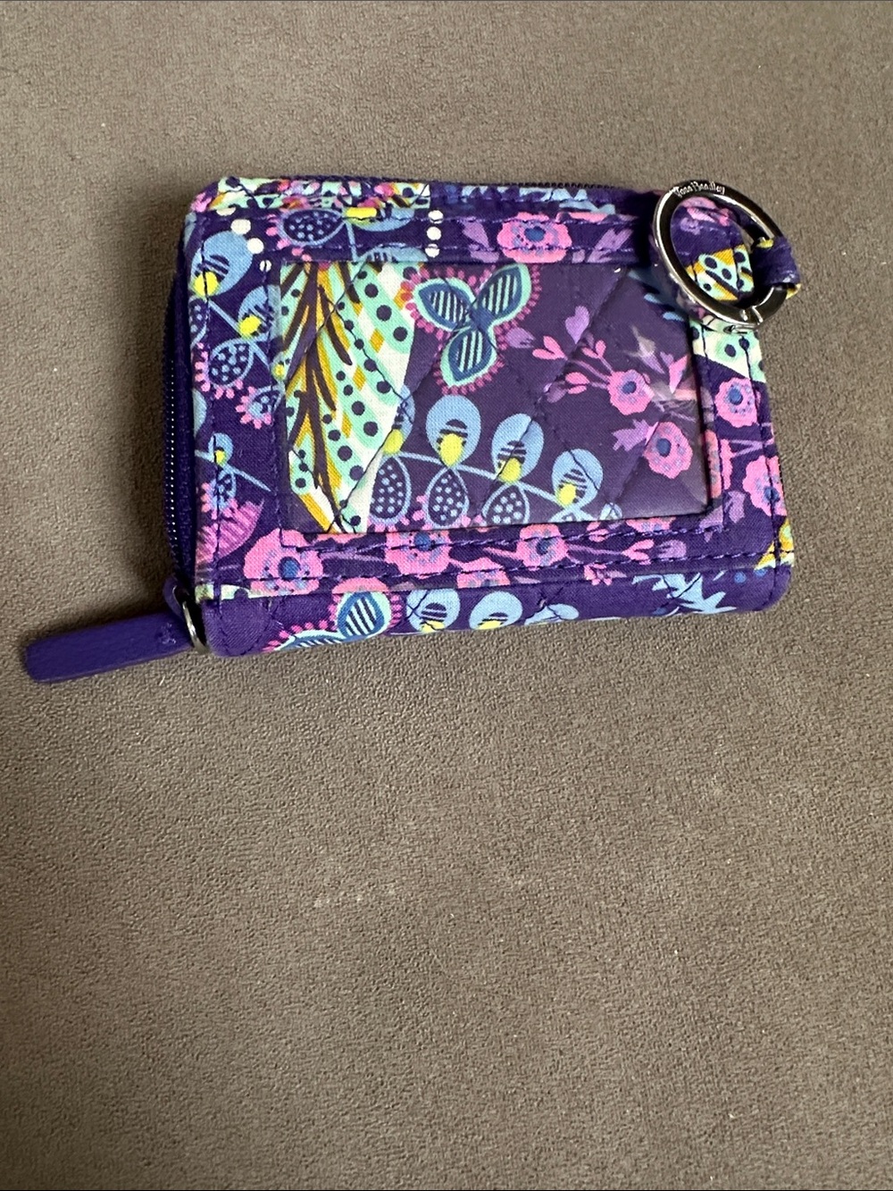 Vera Bradley Purple Floral Quilted Zip Card Case with Key Ring